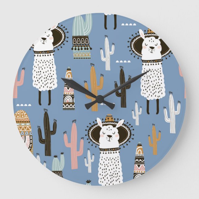 Relógio Grande Llama, Cactus, Padrão De Elementos Desenhados À Mã (Frente)