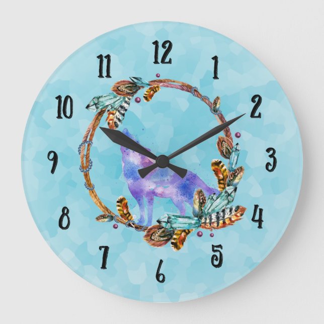 Relógio Grande Lobo da aguarela que urra em uma grinalda do (Frente)