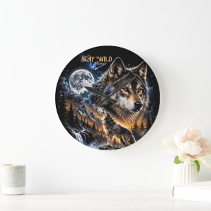Relógio Grande Lobo Uivando Para a Lua Floresta Vida Selvagem Nat