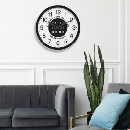 Relógio Grande Logotipo da empresa Black White Silver Name Slogan