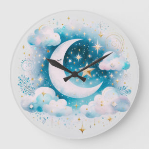 Relógio Grande Lua Crescente Azul e Branco Boho Moderno Celestial