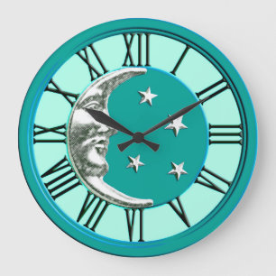 Relógio Grande Lua e estrelas do art deco - turquesa & prata