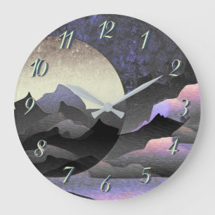 Relógio Grande Lua e Montanhas Arte Abstrata Caprichosa