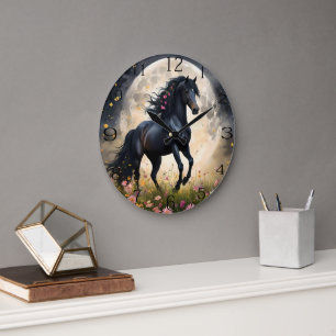 Relógio Grande Lunar Elegância: Cavalo de Fantasia Negra com Lua