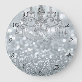 Relógio Grande Lustre Prata Branco Bokeh Glam Candeeiro Brilho