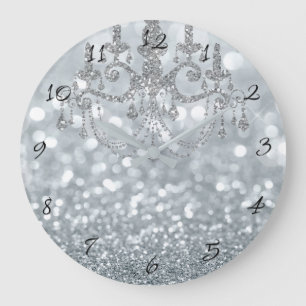 Relógio Grande Lustre Prata Branco Bokeh Glam Candeeiro Brilho
