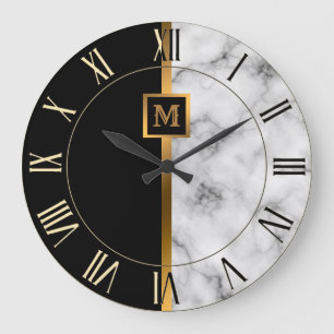 Relógio Grande Luxo Elegante Moderno Mármore Preto Dourado