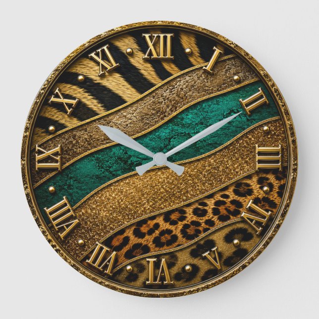 Relógio Grande Luxury Emerald & Gold Safari Leopard Zebra Glitter (Frente)