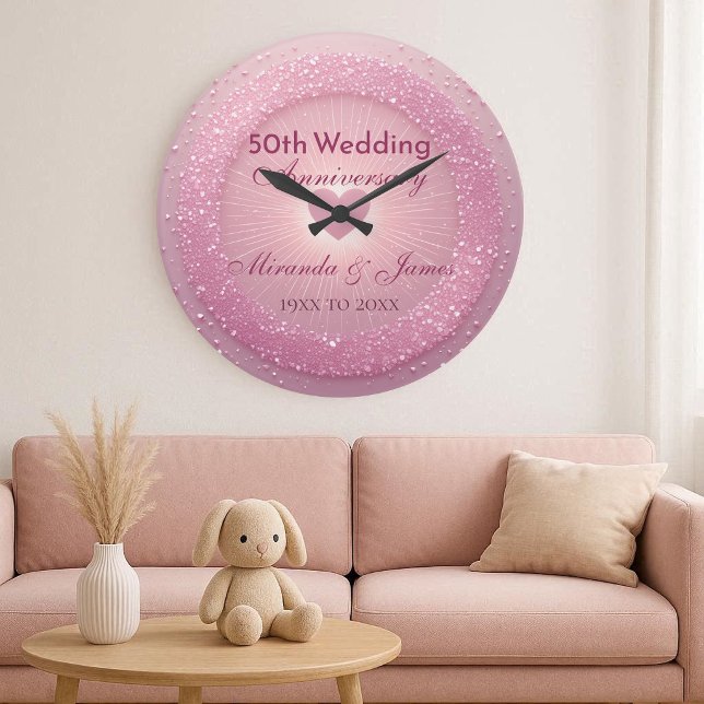 Relógio Grande Luxury Pink Glitter Heart 50th Wedding Anniversary (Luxury Pink Glitter Heart 50th Wedding Anniversary Large Clock)
