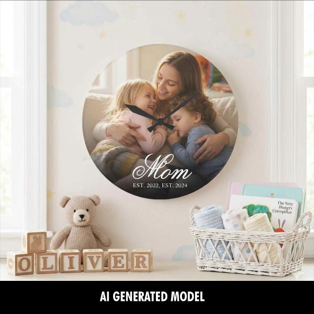 Relógio Grande Mãe Estabeleceu Foto de Letra Branca Moderna (Mom Established Modern White Script Photo Large Clock)