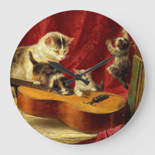 Relógio Grande Mãe Gato e Gatinhos Brincando com Violão