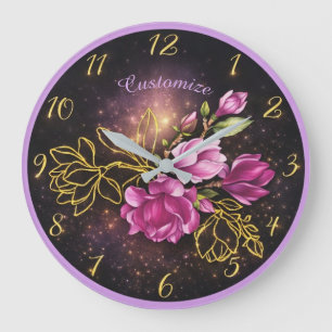 Relógio Grande Magnólia Floral Elegante com Acento Dourado Person