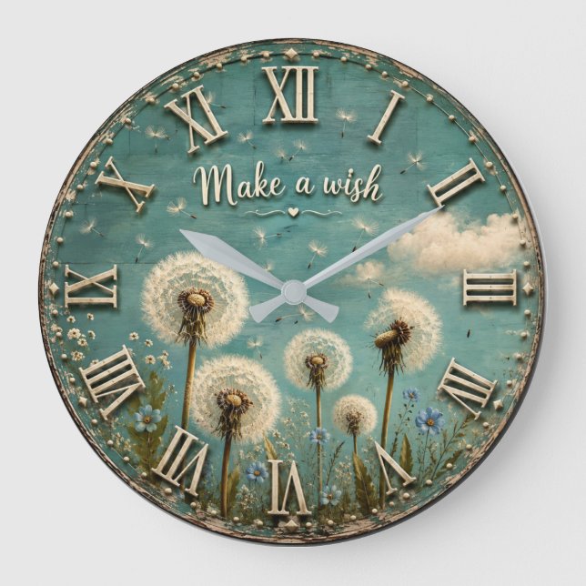 Relógio Grande Make a Wish Dandelion Rustic Farmhouse Floral  (Frente)