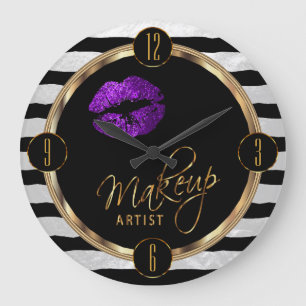 Relógio Grande Makeup Artist Purple Lábios com Stripes Brancas