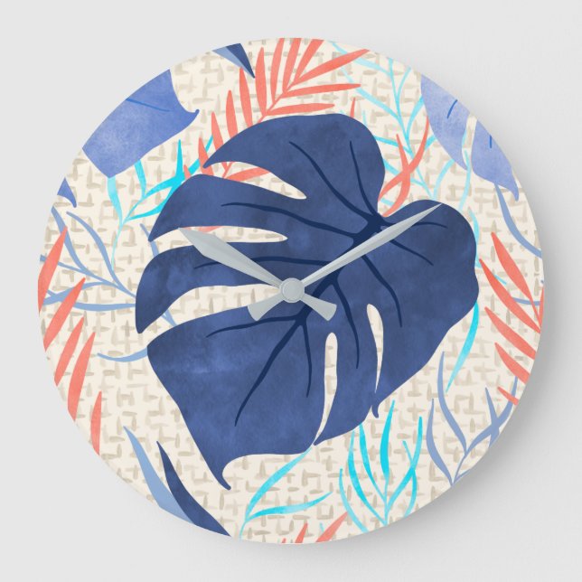 Relógio Grande Maleah Monstera Tropical Havaiana - Azul (Frente)
