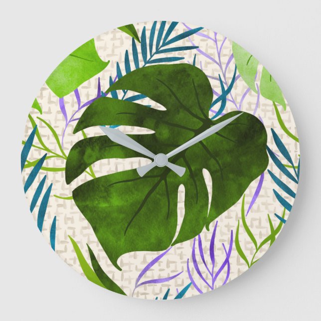 Relógio Grande Maleah Monstera Tropical Havaiana - Verde-Aquarela (Frente)