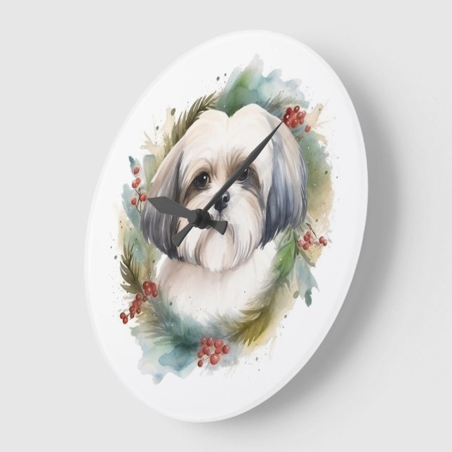 Relógio Grande Malti Tzu Christmas Wreath Festivo Pup (Ângulo)