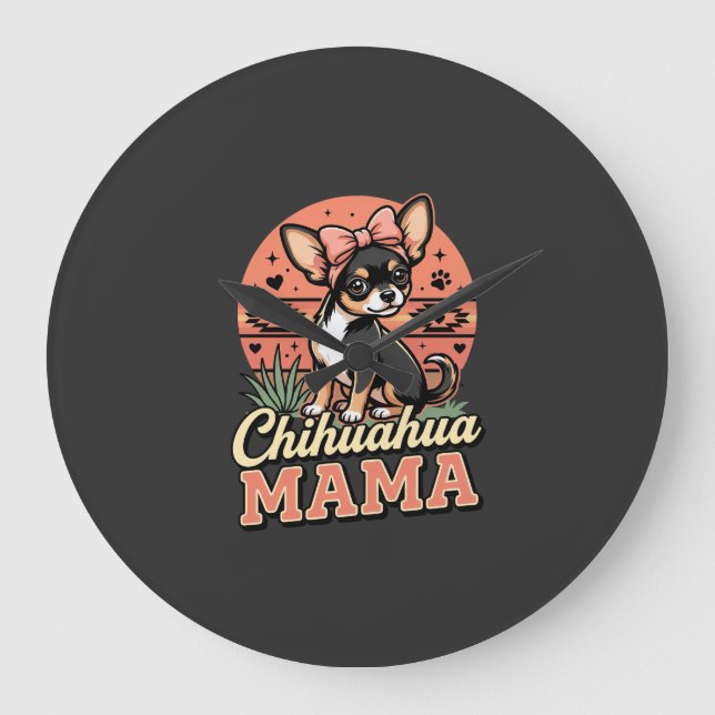Relógio Grande Mamãe Chihuahua Fofa com Laço Mãe de Cachorro (Frente)