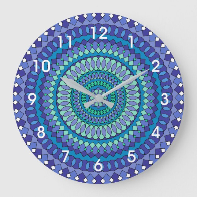 Relógio Grande Mandala azul turquesa e azul-esverdeado (Frente)