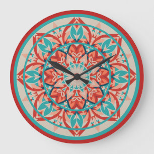 Relógio Grande Mandala Boho Laranja & Turquesa