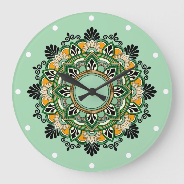 Relógio Grande Mandala em amarelo & verde (Frente)