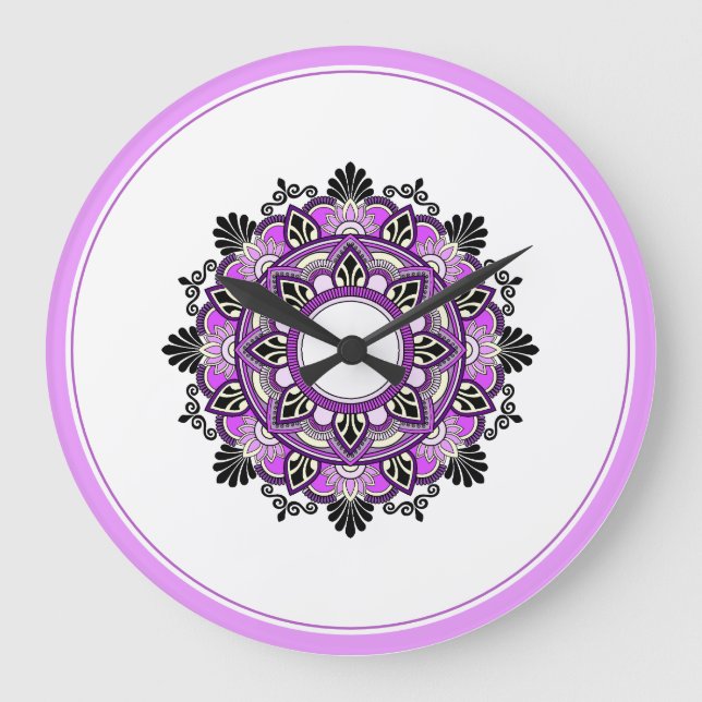 Relógio Grande Mandala em rosa e roxo (Frente)