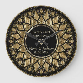 Relógio Grande Mandala Floral Dourada E Preta