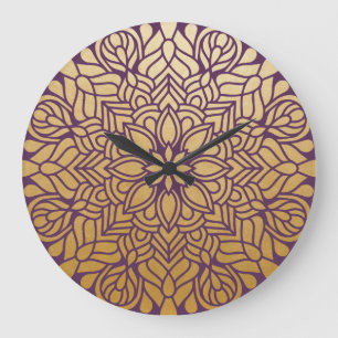 Relógio Grande Mandala Floral Elegante, Dourada e Roxa