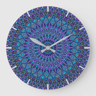 Relógio Grande Mandala Meditation Blue Teal Purple Peacock