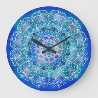 Relógio Grande Mandala White Outline Blue Watercolor -