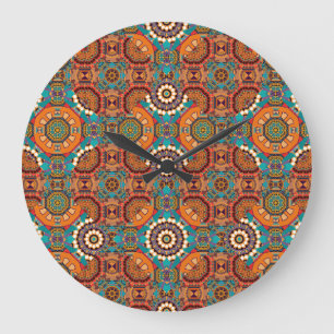 Relógio Grande Mandalas Caleidoscópio: Laranja Azul Marrom.