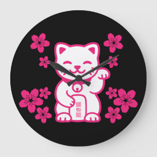 Relógio Grande Maneki-neko japonês rosa