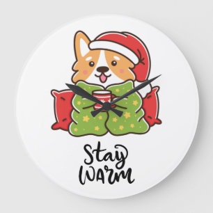 Relógio Grande Mantenha-se quente Natal Corgi Santa Hat Feriado