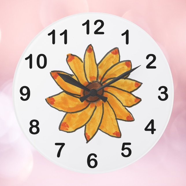 Relógio Grande Mão De Girassol Amarelo Desenhado (A clock with a picture of a hand drawn sunflower along with black numbers)