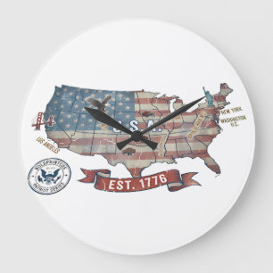 Relógio Grande Mapa Antigo dos Estados Unidos - American Patriot 