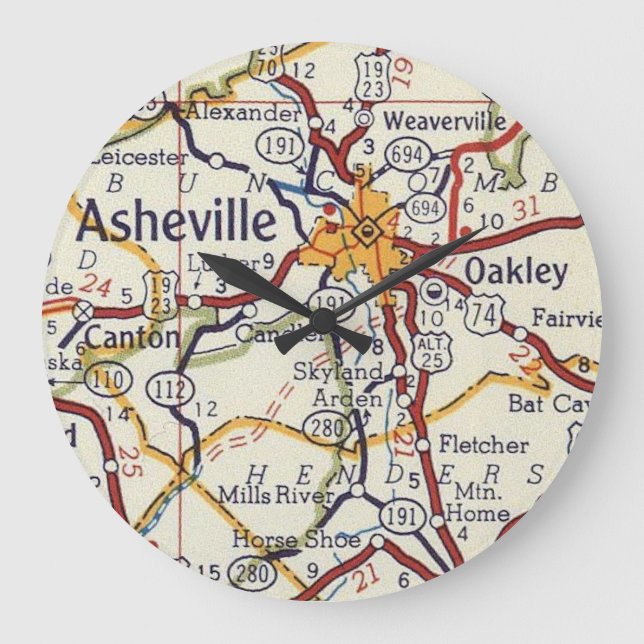 Relógio Grande Mapa de Asheville Vintage (Frente)