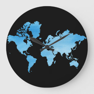 Relógio Grande Mapa Mundial Azul Minimalista Arte Aquarela