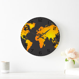 Relógio Grande Mapa Mundial Radiante em Laranja e Amarelo