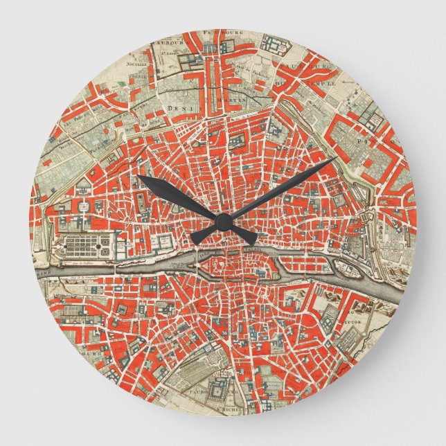 Relógio Grande Mapa Vintage de Paris (1721-1774) (Frente)