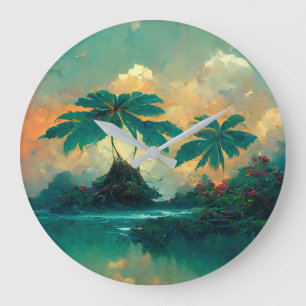 Relógio Grande Mar de Fantasia Tropical e Palmeiras