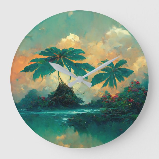 Relógio Grande Mar de Fantasia Tropical e Palmeiras (Frente)