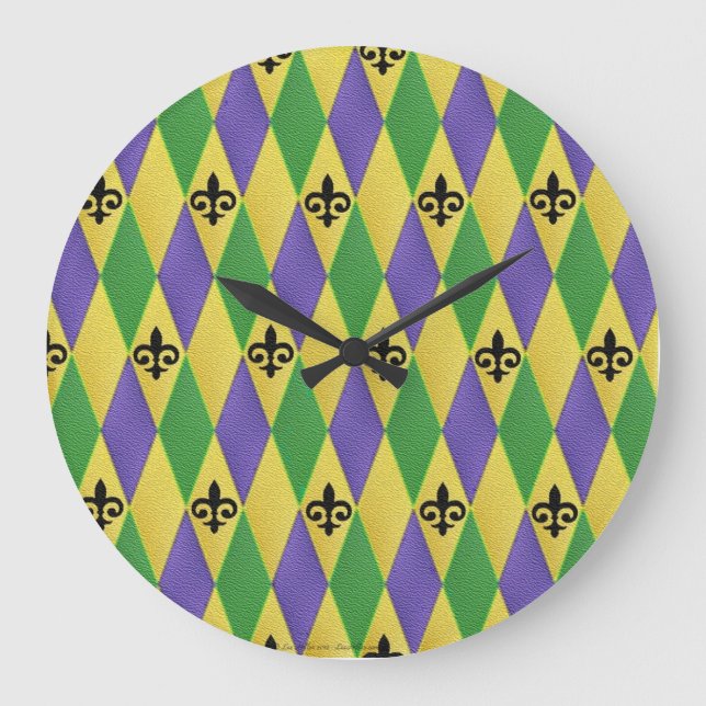 Relógio Grande Mardi Gras Harlequin Fleur De Lis Wall Clock (Frente)
