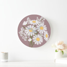 Relógio Grande Margarida Branca Floral Elegante em Rosy Brown