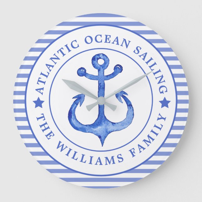 Relógio Grande Marinho de Âncora Náutica Azul Striped Personaliza (Frente)