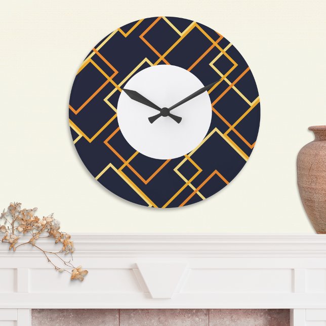 Relógio Grande Marinho Geométrico Contemporâneo - Azul - Laranja  (An eye-catching wall clock with modern geometric pattern, in orange and yellow on dark navy blue)