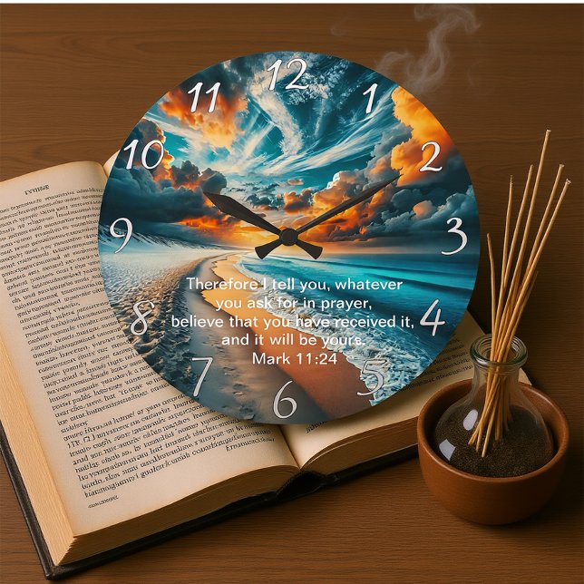 Relógio Grande Mark 11:24 Cross Sunset Ocean Faith (Criador carregado)