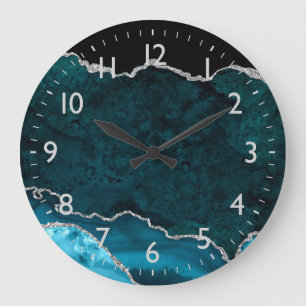 Relógio Grande Mármore Ágata Azul Teal e Prata