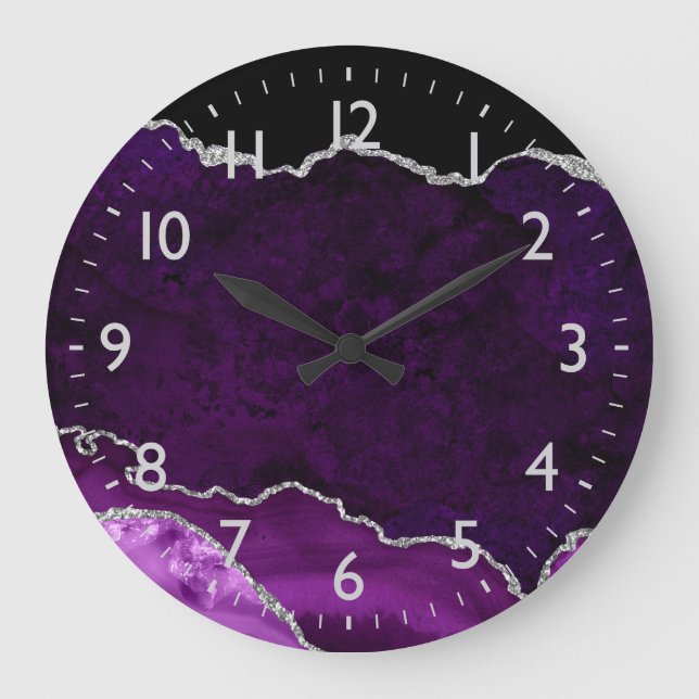 Relógio Grande Mármore de Ágata Roxo e Prata (Frente)