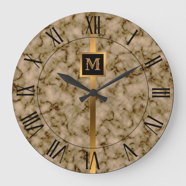 Relógio Grande Mármore Dourado Preto Moderno e Elegante do Luxo (Frente)