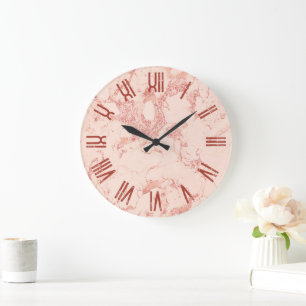 Relógio Grande Mármore Glam Rosa Dourado Algarismos Romanos Retro